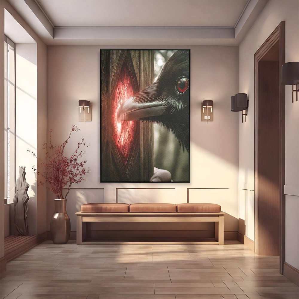 Tablou canvas cu tablou canvas cu un corb si portal rosu, in rama de aluminiu negru